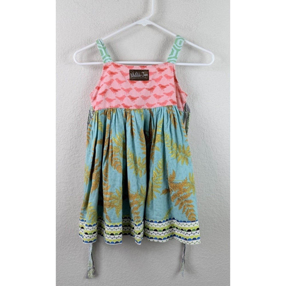 Matilda Jane Girls L Apron Dress Bird Floral Mixed Print Colorful Boho Patchwork